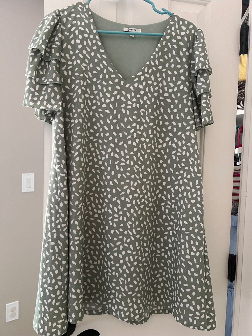Joie Sage Green V-Neck Dress with White Spot Print and Ruffle Sleeves